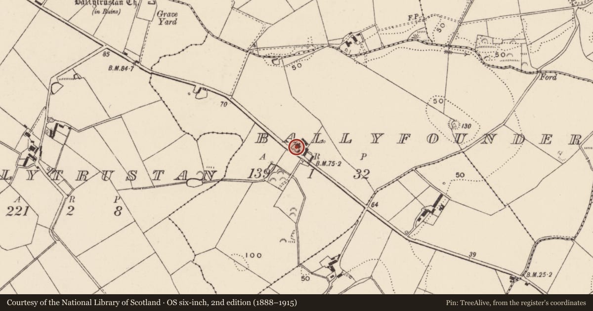 Ordnance Survey six-inch map, 2nd edition (1888–1915) covering the location of Ballyfounder House, Ards and North Down, with a pin at the register's coordinates