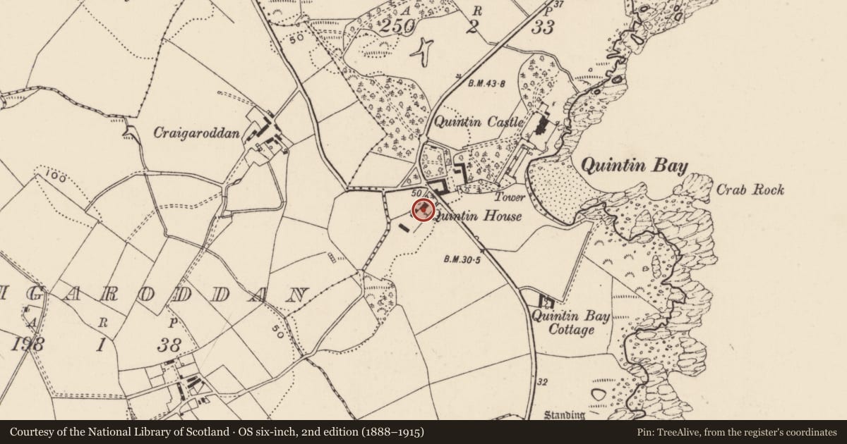 Ordnance Survey six-inch map, 2nd edition (1888–1915) covering the location of Quintin House, Ballymarter, Ards and North Down, with a pin at the register's coordinates