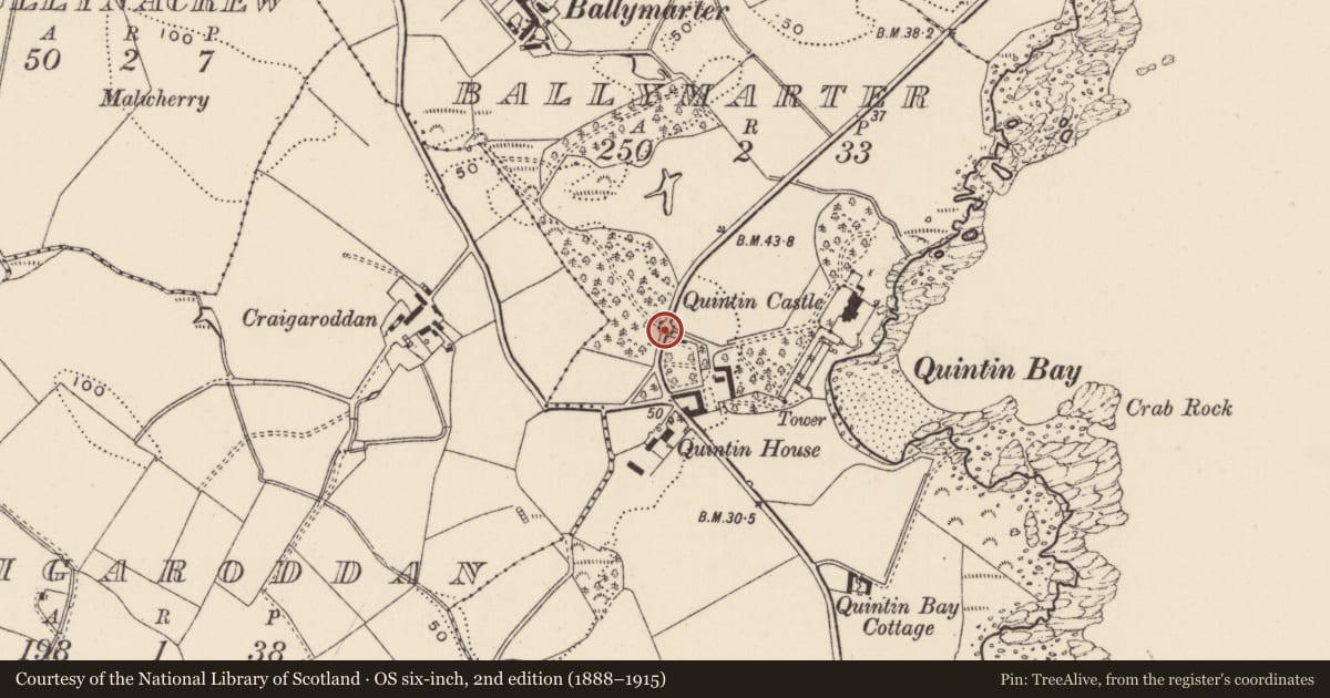 Ordnance Survey six-inch map, 2nd edition (1888–1915) covering the location of Entrance and field gates at Quintin Castle, Ballymarter, Ards and North Down, with a pin at the register's coordinates