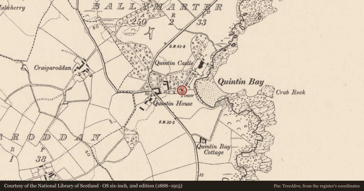 Ordnance Survey six-inch map, 2nd edition (1888–1915) covering the location of Garden Tower at Quintin Castle, Ballymarter, Ards and North Down, with a pin at the register's coordinates