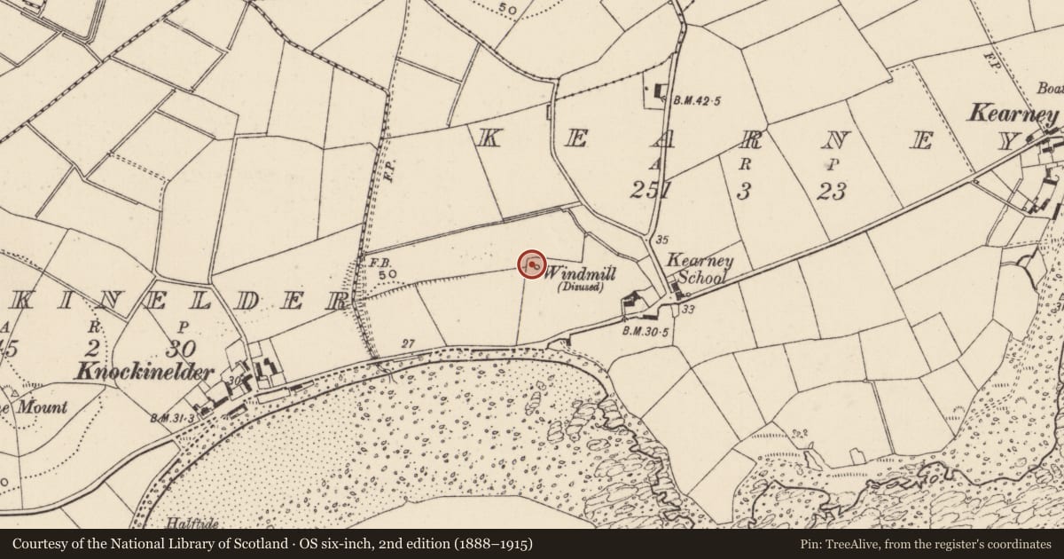 Ordnance Survey six-inch map, 2nd edition (1888–1915) covering the location of Windmill stump, Kearney, Ards and North Down, with a pin at the register's coordinates
