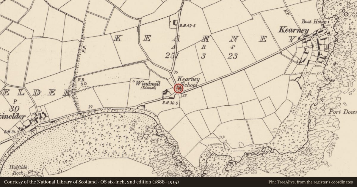 Ordnance Survey six-inch map, 2nd edition (1888–1915) covering the location of Site of former Kearney School, Ards and North Down, with a pin at the register's coordinates