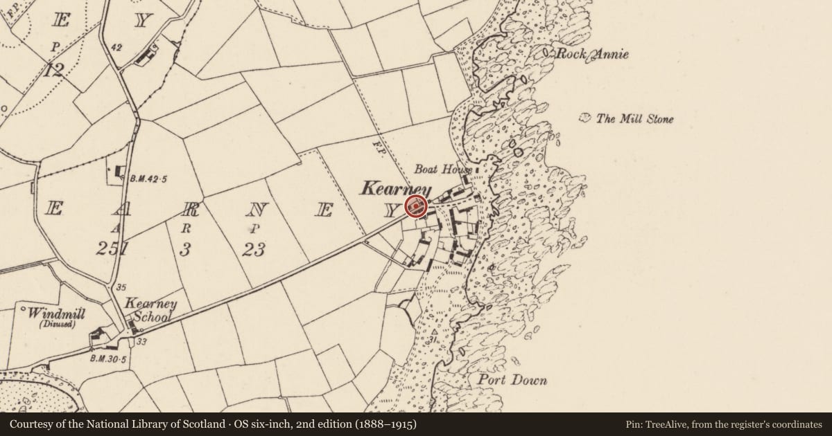 Ordnance Survey six-inch map, 2nd edition (1888–1915) covering the location of Kearney Village, Ards and North Down, with a pin at the register's coordinates