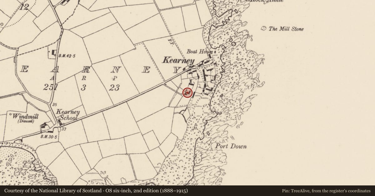 Ordnance Survey six-inch map, 2nd edition (1888–1915) covering the location of 12 Kearney Village, Ards and North Down, with a pin at the register's coordinates