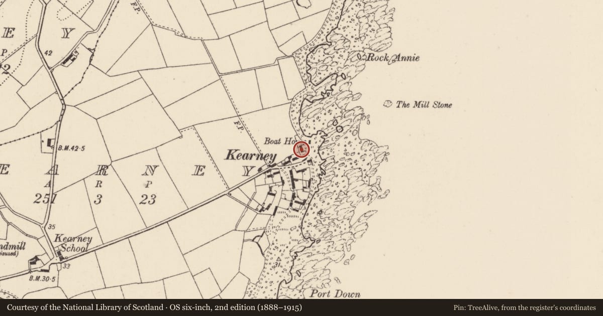 Ordnance Survey six-inch map, 2nd edition (1888–1915) covering the location of 5 Kearney Village, Ards and North Down, with a pin at the register's coordinates