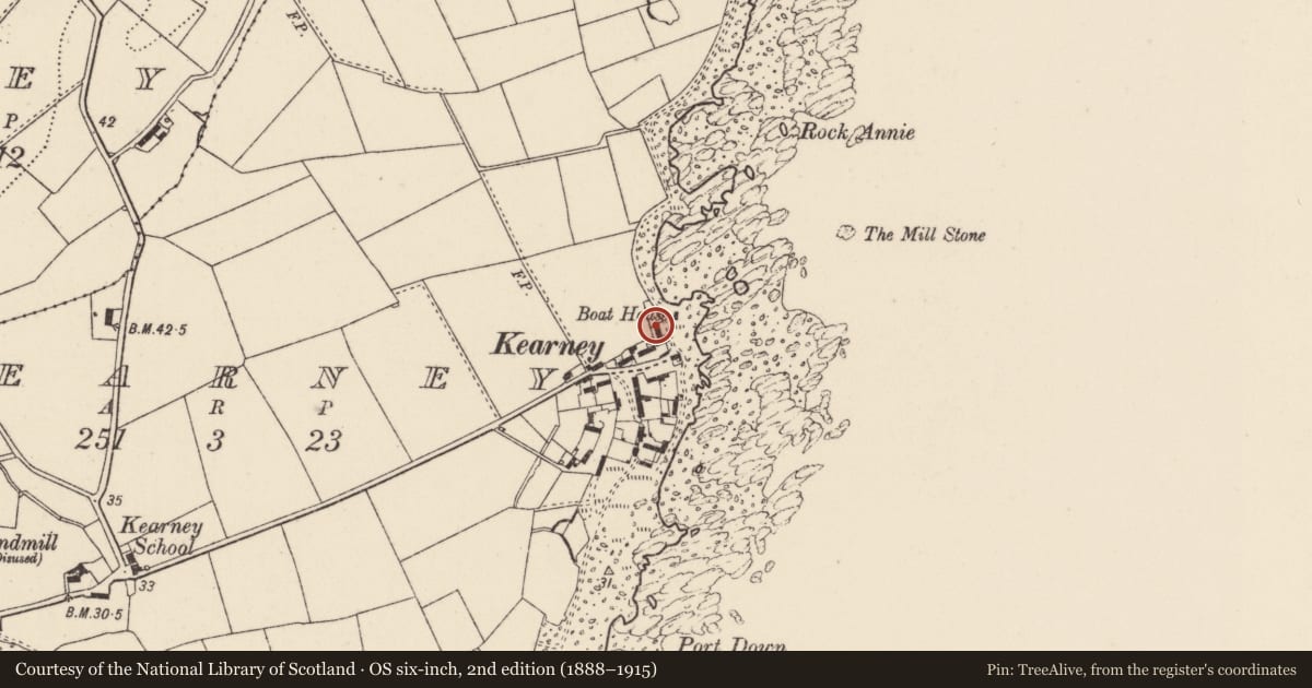 Ordnance Survey six-inch map, 2nd edition (1888–1915) covering the location of 6 Kearney Village, Ards and North Down, with a pin at the register's coordinates