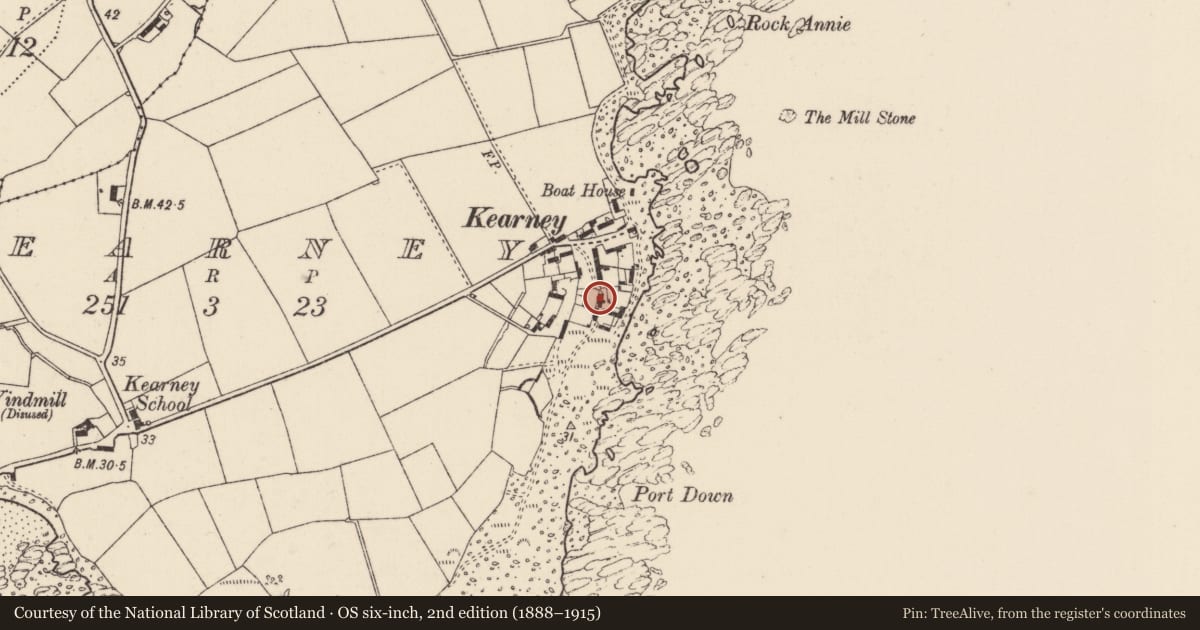 Ordnance Survey six-inch map, 2nd edition (1888–1915) covering the location of 10 Kearney Village, Ards and North Down, with a pin at the register's coordinates