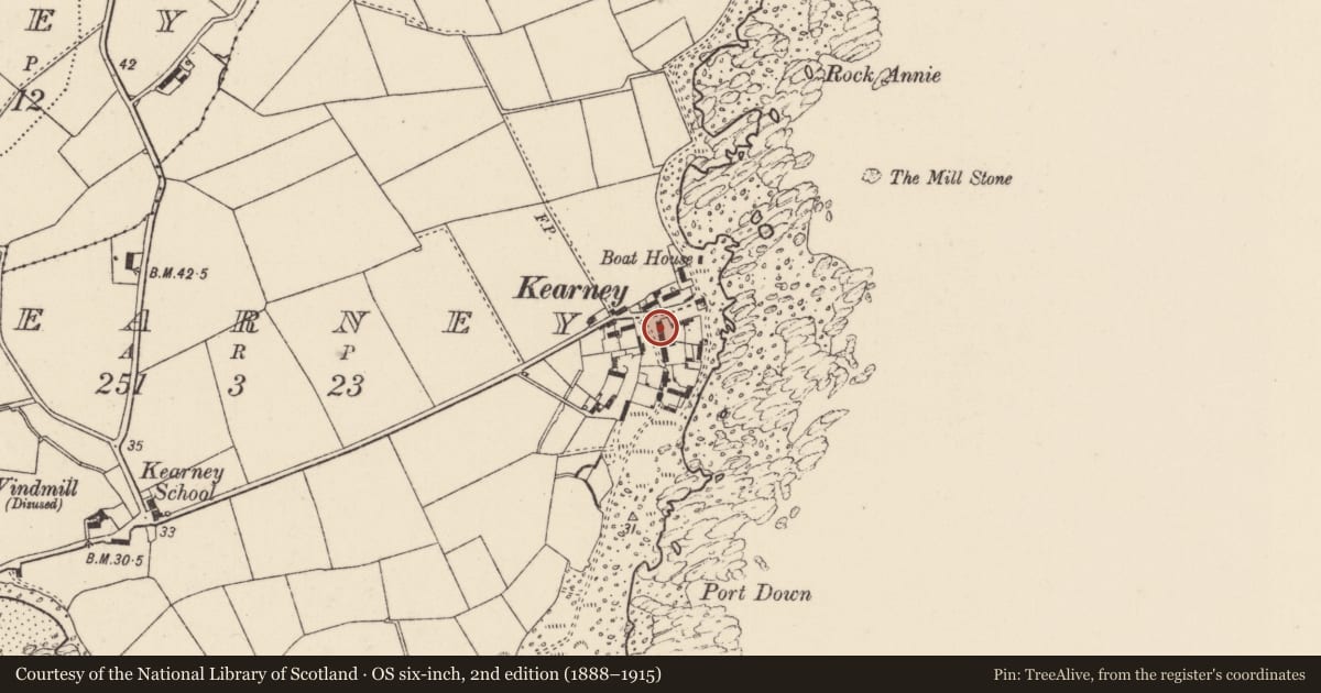 Ordnance Survey six-inch map, 2nd edition (1888–1915) covering the location of 8A, 8C & 8D Kearney Village, Ards and North Down, with a pin at the register's coordinates