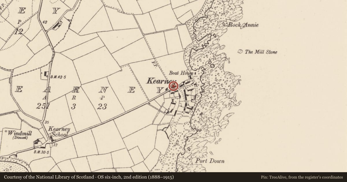 Ordnance Survey six-inch map, 2nd edition (1888–1915) covering the location of 2 Kearney Village, Ards and North Down, with a pin at the register's coordinates