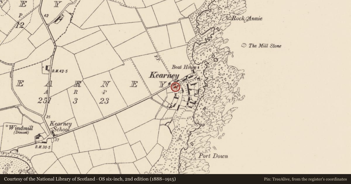 Ordnance Survey six-inch map, 2nd edition (1888–1915) covering the location of 14 Kearney Village, Ards and North Down, with a pin at the register's coordinates