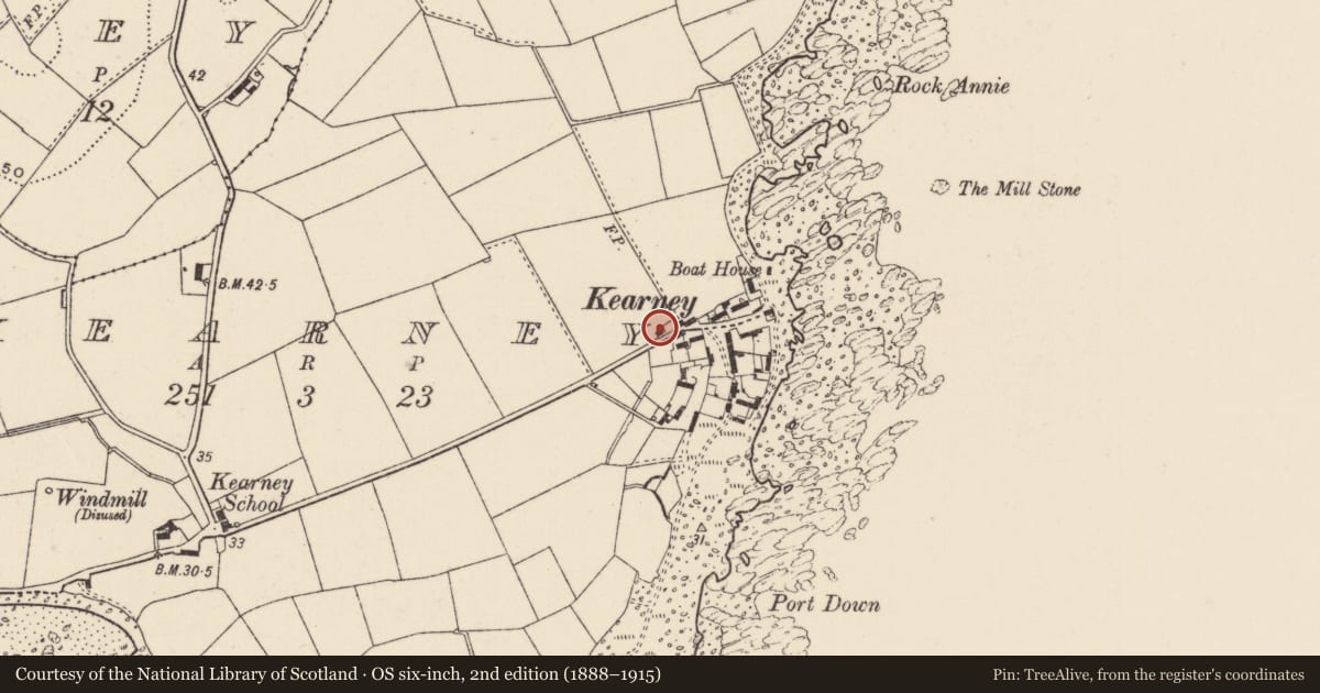 Ordnance Survey six-inch map, 2nd edition (1888–1915) covering the location of 1 Kearney Village, Ards and North Down, with a pin at the register's coordinates