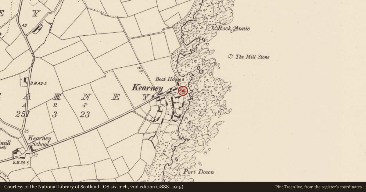 Ordnance Survey six-inch map, 2nd edition (1888–1915) covering the location of 7 Kearney Village, Ards and North Down, with a pin at the register's coordinates