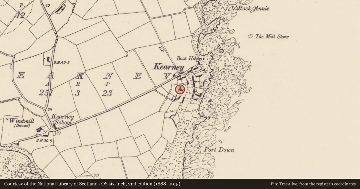 Ordnance Survey six-inch map, 2nd edition (1888–1915) covering the location of 13 Kearney Village, Ards and North Down, with a pin at the register's coordinates