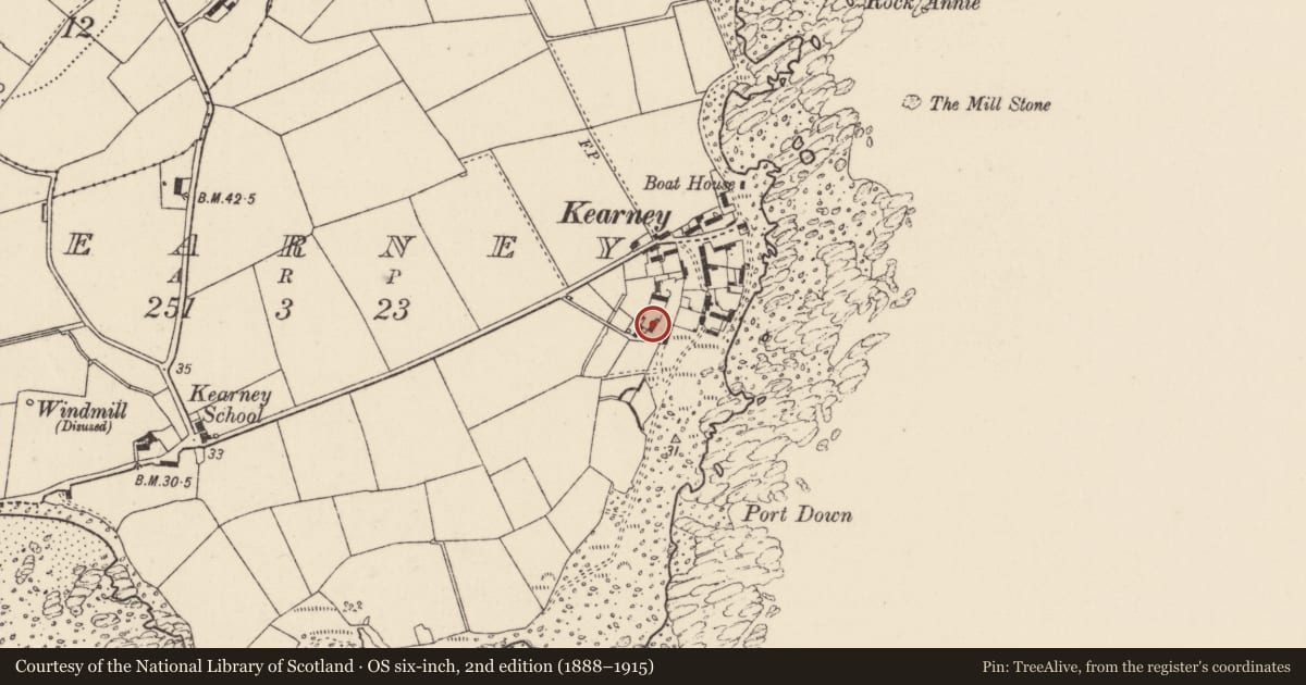 Ordnance Survey six-inch map, 2nd edition (1888–1915) covering the location of 12A Kearney Village, Ards and North Down, with a pin at the register's coordinates