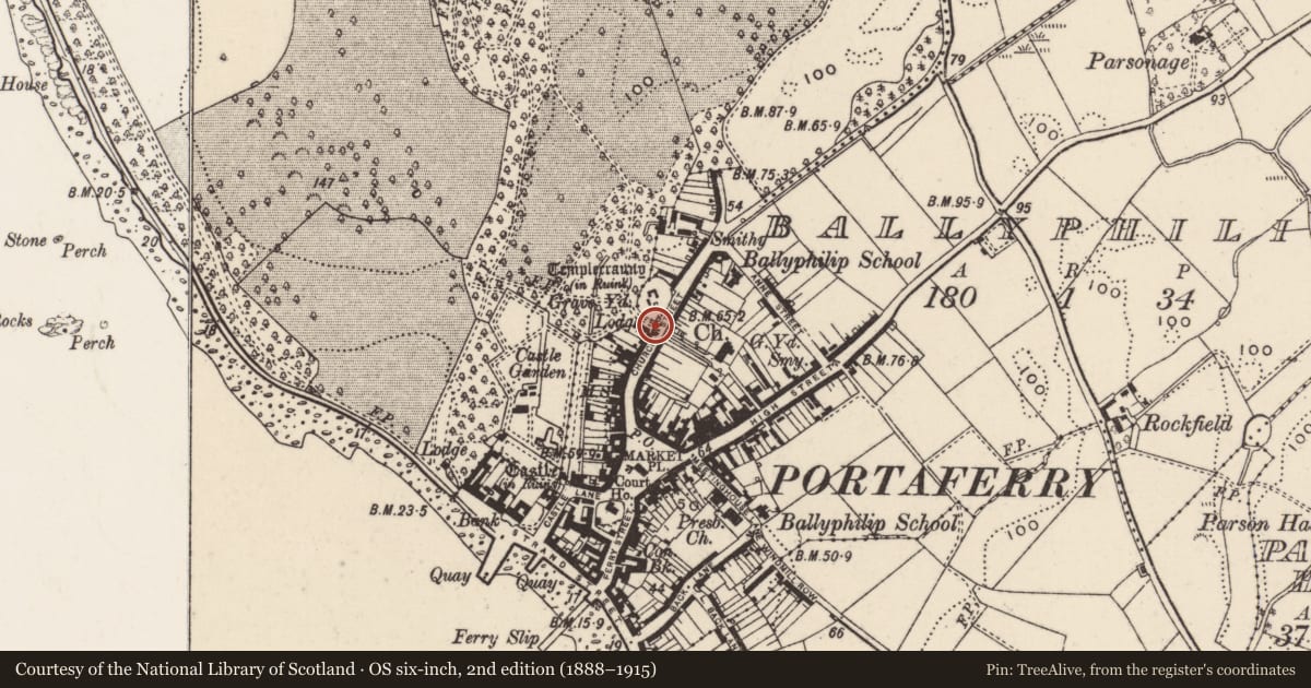 Ordnance Survey six-inch map, 2nd edition (1888–1915) covering the location of Entrance Gates for Portaferry House, Ballyphilip, Ards and North Down, with a pin at the register's coordinates
