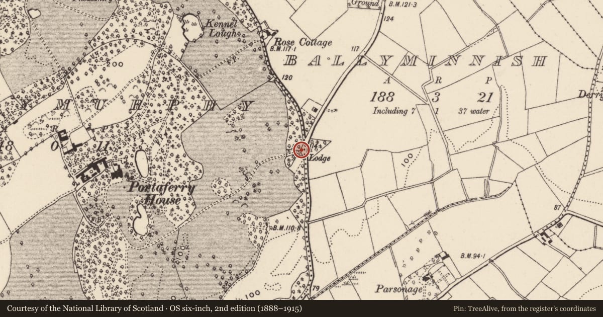 Ordnance Survey six-inch map, 2nd edition (1888–1915) covering the location of Entrance Gates for Portaferry House, Ballymurphy, Ards and North Down, with a pin at the register's coordinates