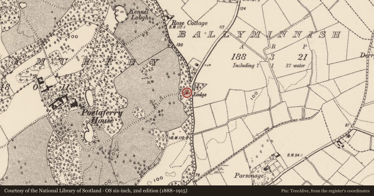 Ordnance Survey six-inch map, 2nd edition (1888–1915) covering the location of Gate Lodge, Ballymurphy, Ards and North Down, with a pin at the register's coordinates