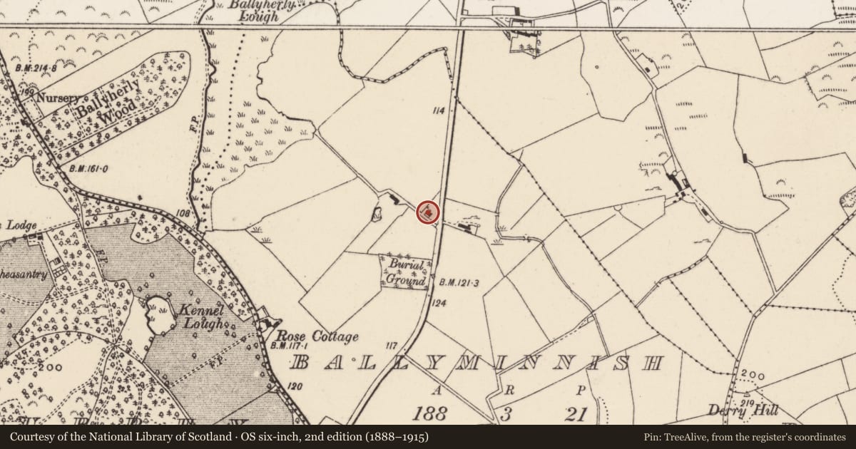 Ordnance Survey six-inch map, 2nd edition (1888–1915) covering the location of 8 Deerpark Road, Ballyminnish, Ards and North Down, with a pin at the register's coordinates