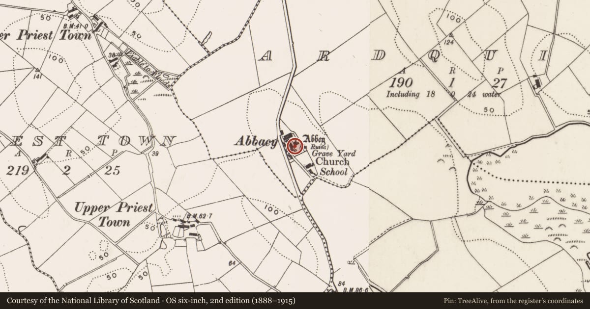 Ordnance Survey six-inch map, 2nd edition (1888–1915) covering the location of ‘The Abbacy’, Ardquin, Ards and North Down, with a pin at the register's coordinates
