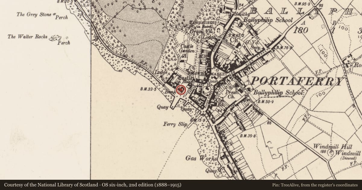 Ordnance Survey six-inch map, 2nd edition (1888–1915) covering the location of ‘Barholm’, Ballyphilip, Ards and North Down, with a pin at the register's coordinates