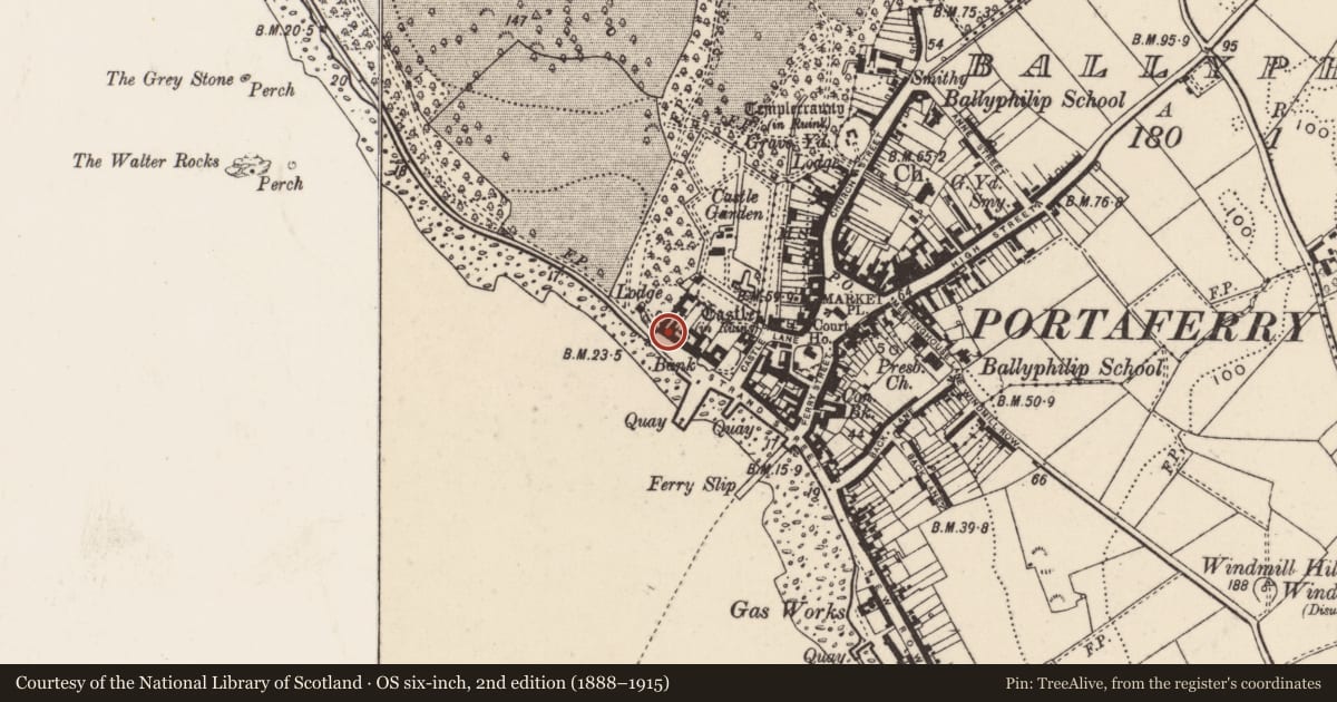 Ordnance Survey six-inch map, 2nd edition (1888–1915) covering the location of 15-16 The Strand, Ballyphilip, Ards and North Down, with a pin at the register's coordinates
