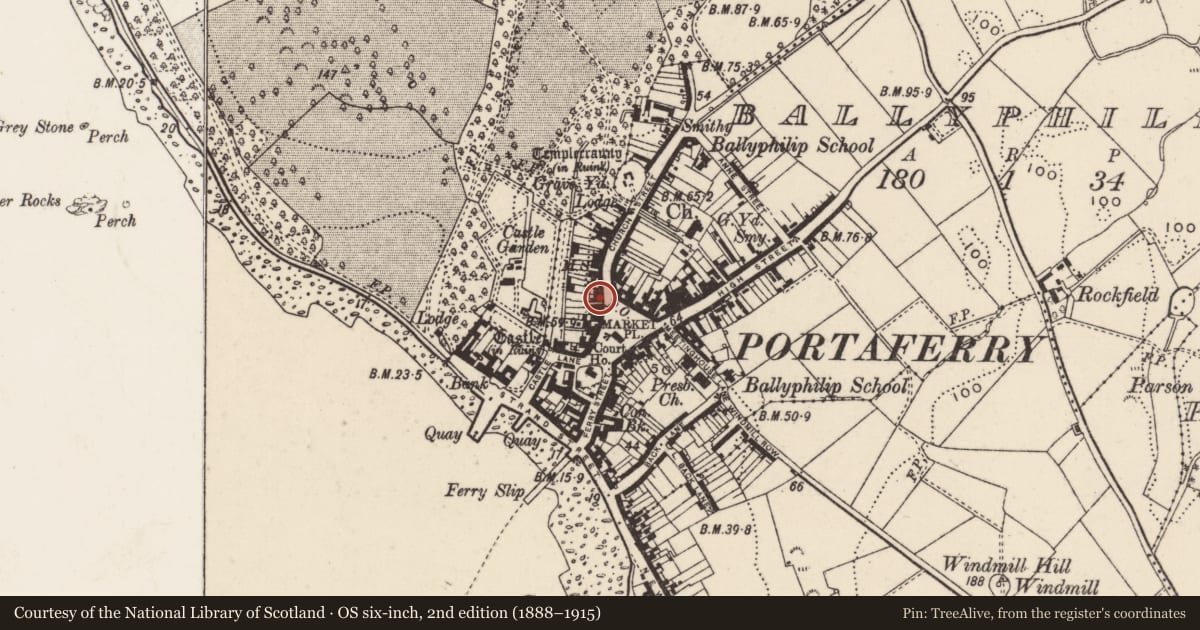 Ordnance Survey six-inch map, 2nd edition (1888–1915) covering the location of 6-8 Church Street, Ballyphilip, Ards and North Down, with a pin at the register's coordinates