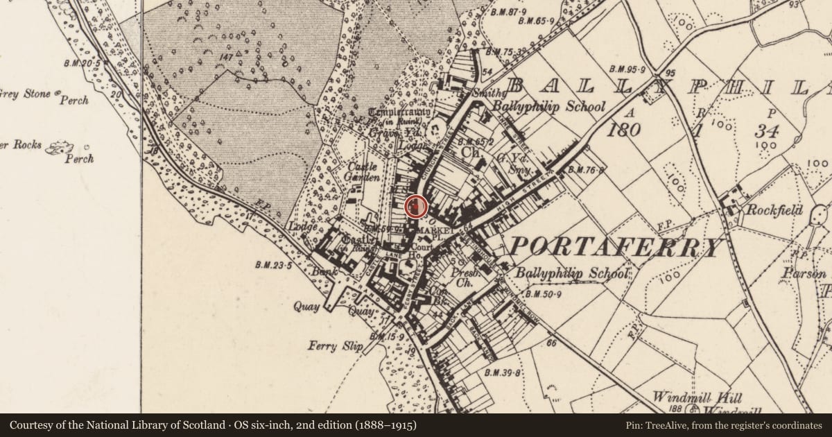 Ordnance Survey six-inch map, 2nd edition (1888–1915) covering the location of 10-12 Church Street, Ballyphilip, Ards and North Down, with a pin at the register's coordinates