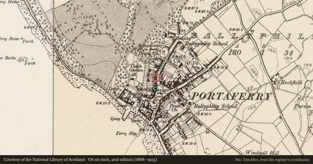 Ordnance Survey six-inch map, 2nd edition (1888–1915) covering the location of 16 Church Street, Ballyphilip, Ards and North Down, with a pin at the register's coordinates