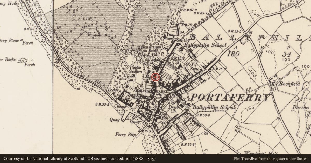 Ordnance Survey six-inch map, 2nd edition (1888–1915) covering the location of 18-20 Church Street, Ballyphilip, Ards and North Down, with a pin at the register's coordinates