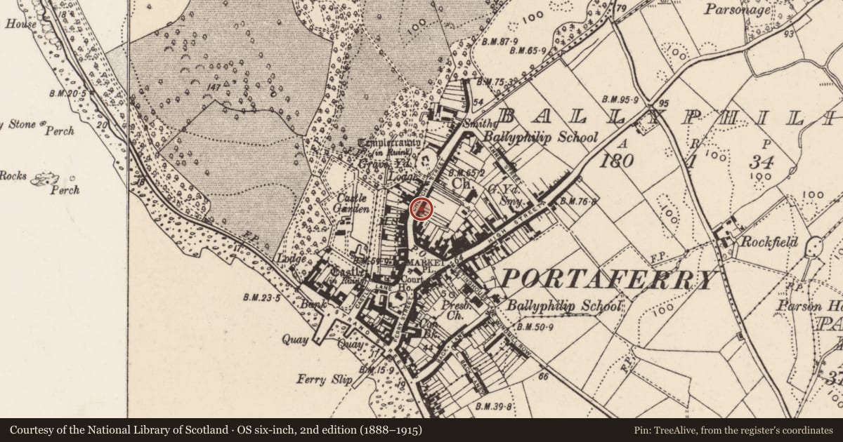 Ordnance Survey six-inch map, 2nd edition (1888–1915) covering the location of 17 Church Street, Ballyphilip, Ards and North Down, with a pin at the register's coordinates