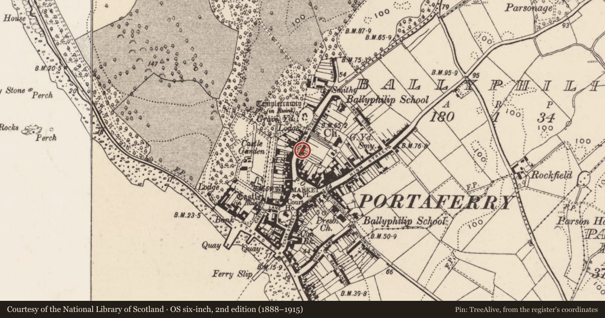 Ordnance Survey six-inch map, 2nd edition (1888–1915) covering the location of 19 Church Street, Ballyphilip, Ards and North Down, with a pin at the register's coordinates