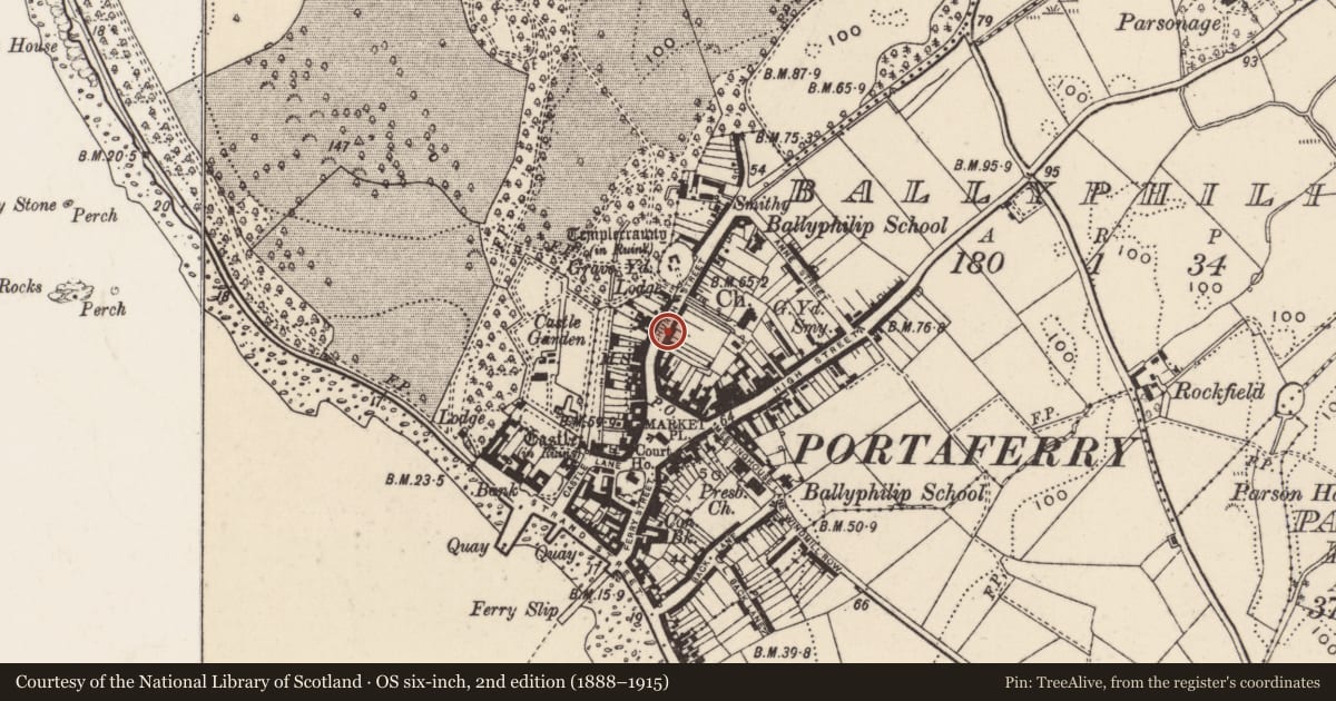 Ordnance Survey six-inch map, 2nd edition (1888–1915) covering the location of 21-23 Church Street, Ballyphilip, Ards and North Down, with a pin at the register's coordinates