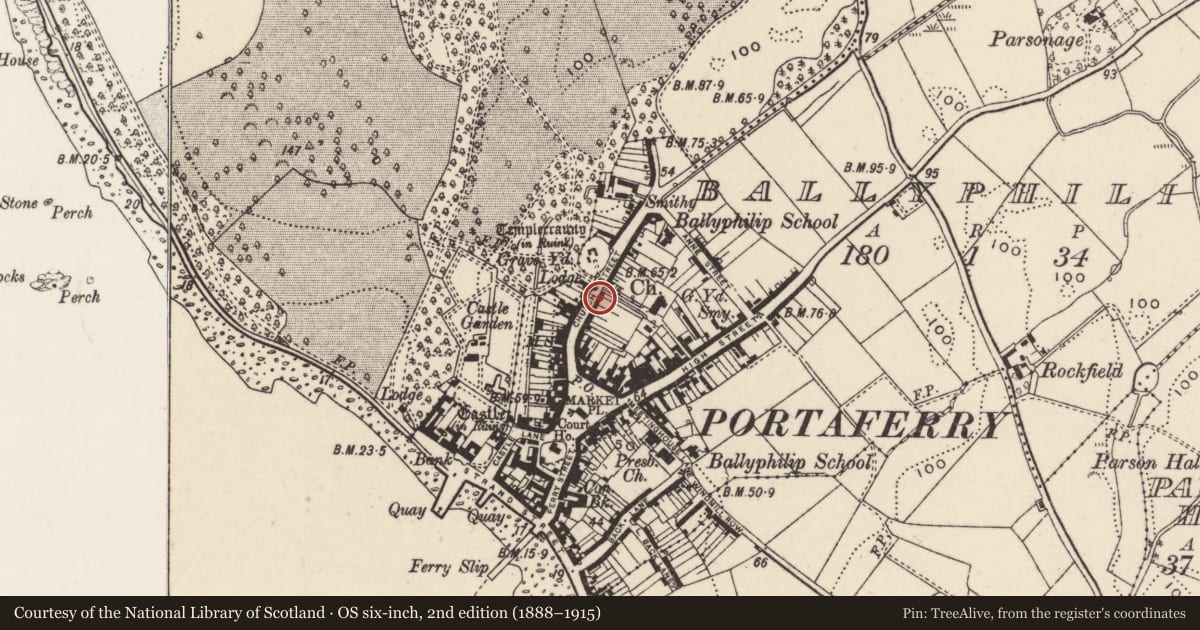 Ordnance Survey six-inch map, 2nd edition (1888–1915) covering the location of 31-33 Church Street, Ballyphilip, Ards and North Down, with a pin at the register's coordinates