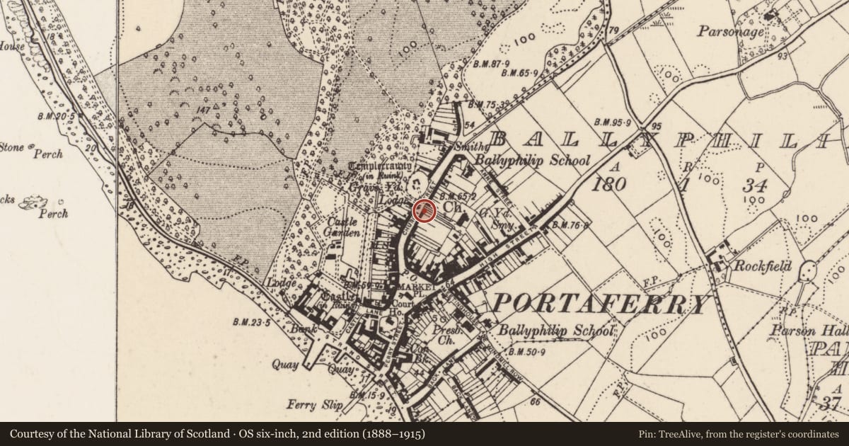 Ordnance Survey six-inch map, 2nd edition (1888–1915) covering the location of 35 Church Street, Ballyphilip, Ards and North Down, with a pin at the register's coordinates