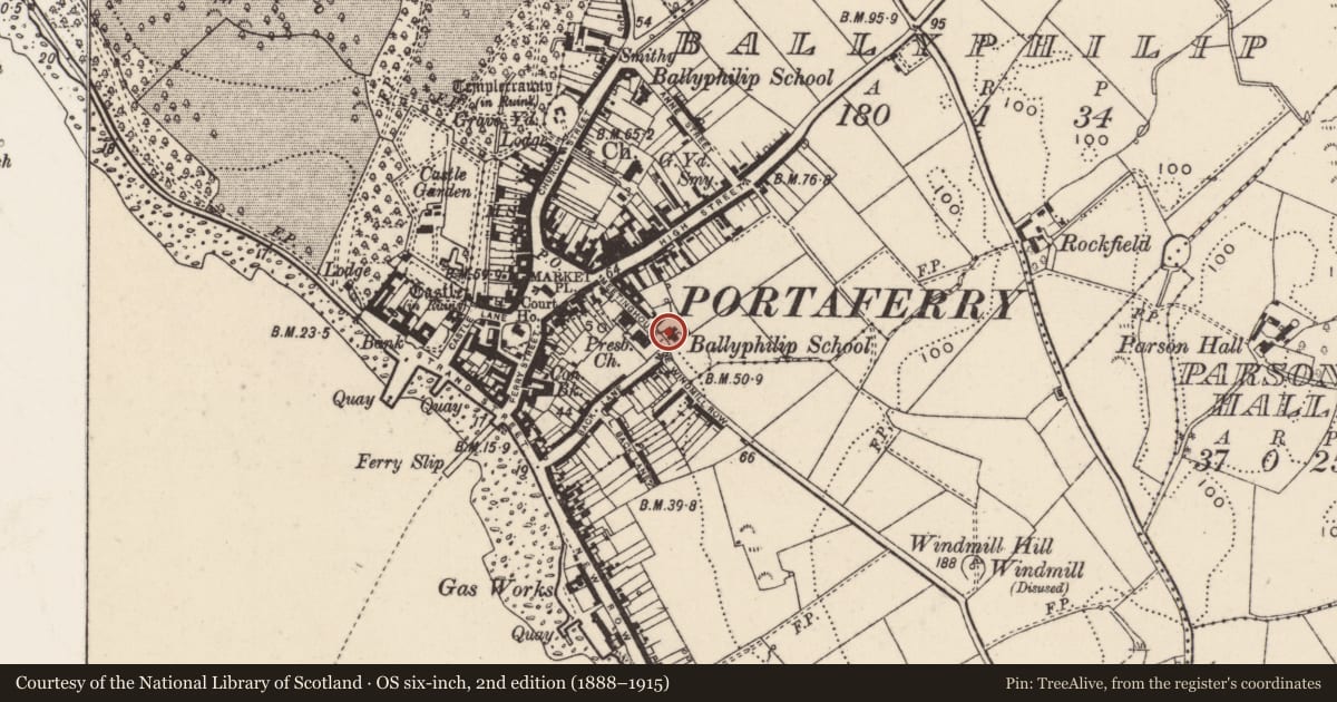 Ordnance Survey six-inch map, 2nd edition (1888–1915) covering the location of Former school house, Ballyphilip, Ards and North Down, with a pin at the register's coordinates