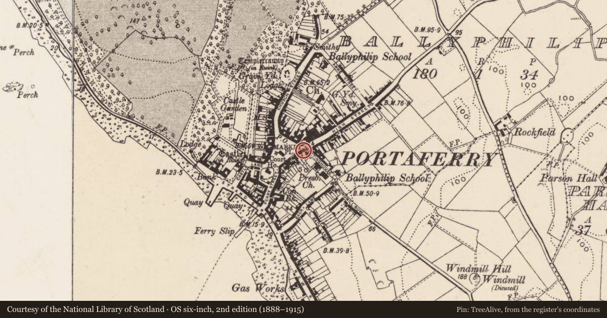 Ordnance Survey six-inch map, 2nd edition (1888–1915) covering the location of 36 The Square, Ballyphilip, Ards and North Down, with a pin at the register's coordinates
