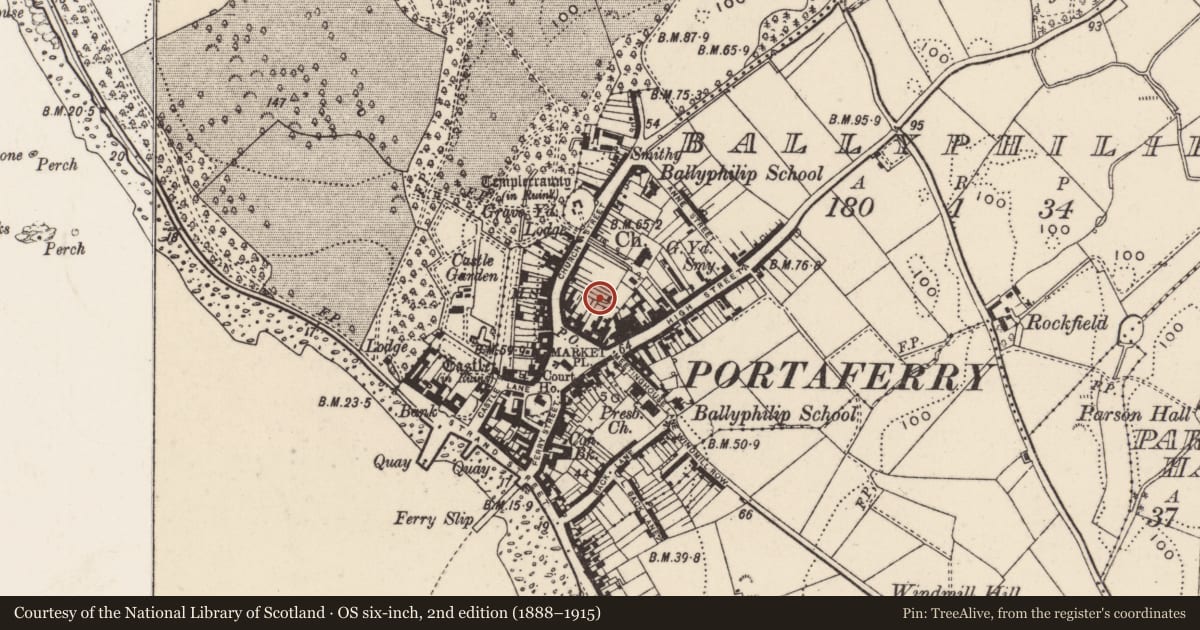 Ordnance Survey six-inch map, 2nd edition (1888–1915) covering the location of St. Cooey’s Oratory (RC), Ballyphilip, Ards and North Down, with a pin at the register's coordinates