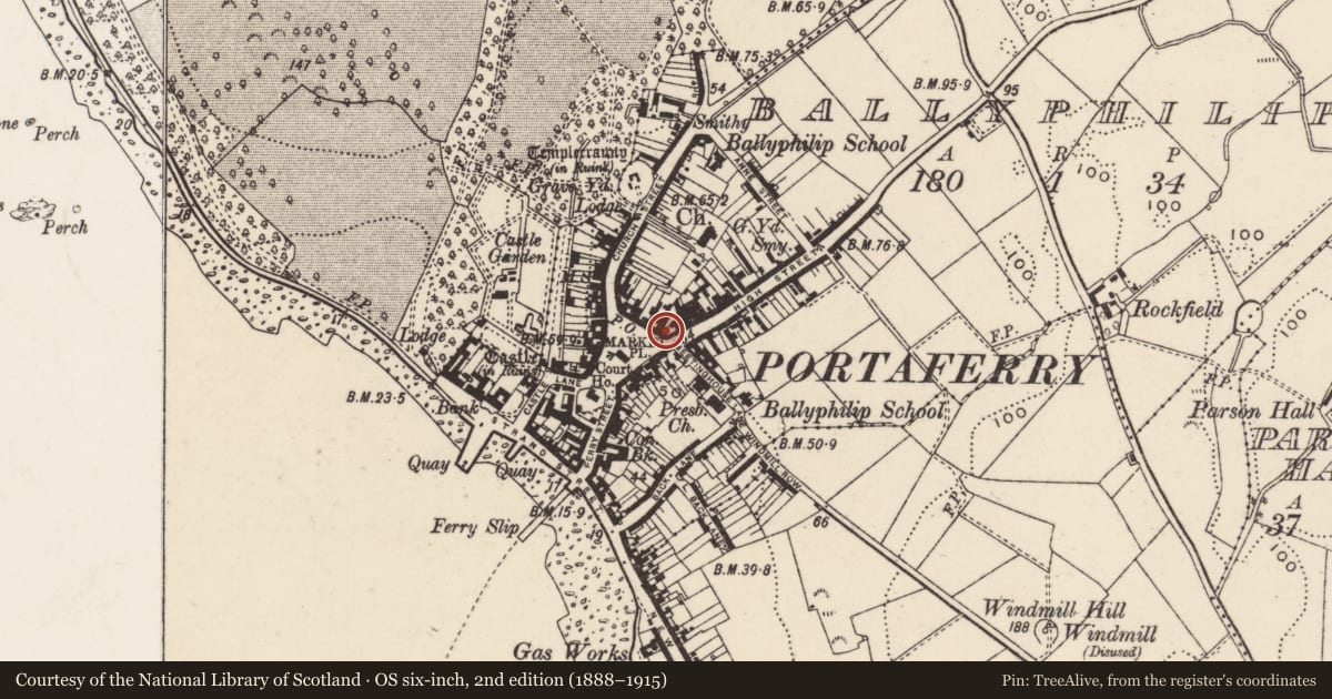 Ordnance Survey six-inch map, 2nd edition (1888–1915) covering the location of 1 The Square, Ballyphilip, Ards and North Down, with a pin at the register's coordinates