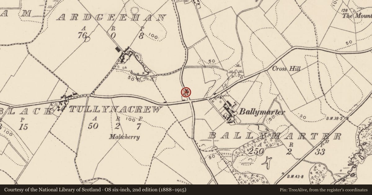 Ordnance Survey six-inch map, 2nd edition (1888–1915) covering the location of Former house next to1 Ballygarvigan Road, Ballymarter, with a pin at the register's coordinates