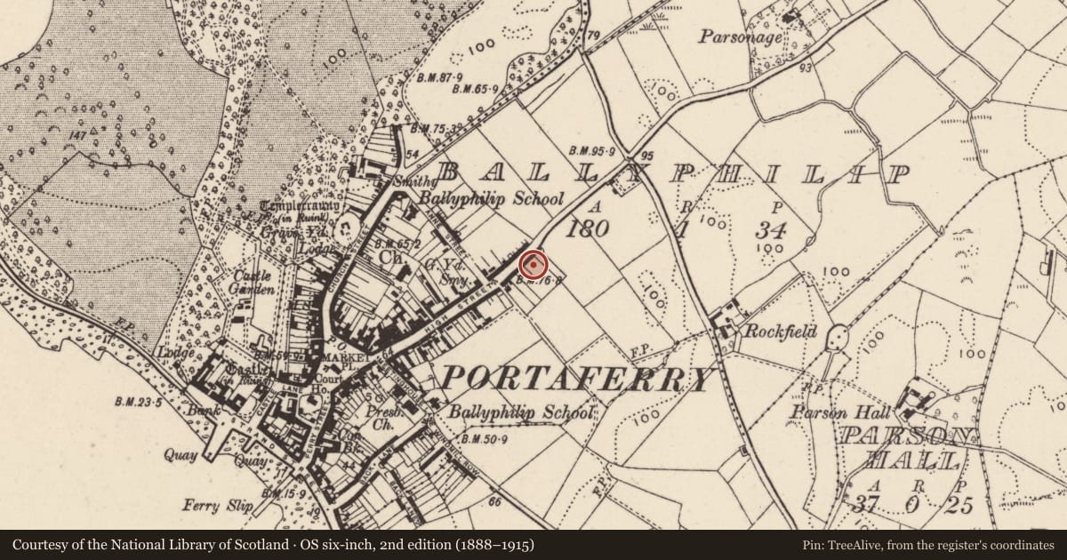 Ordnance Survey six-inch map, 2nd edition (1888–1915) covering the location of Garage buildings ('Quinn's of Portaferry'), Ballyphilip, Ards and North Down, with a pin at the register's coordinates