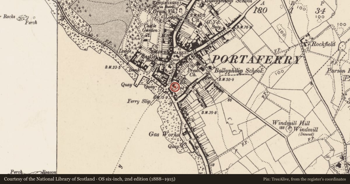 Ordnance Survey six-inch map, 2nd edition (1888–1915) covering the location of 'D & A Garages', Ballyphilip, Ards and North Down, with a pin at the register's coordinates