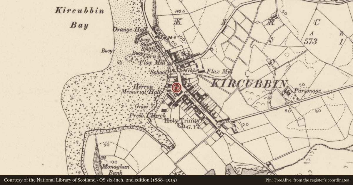 Ordnance Survey six-inch map, 2nd edition (1888–1915) covering the location of 15 Main Street, Kircubbin, Ards and North Down, with a pin at the register's coordinates