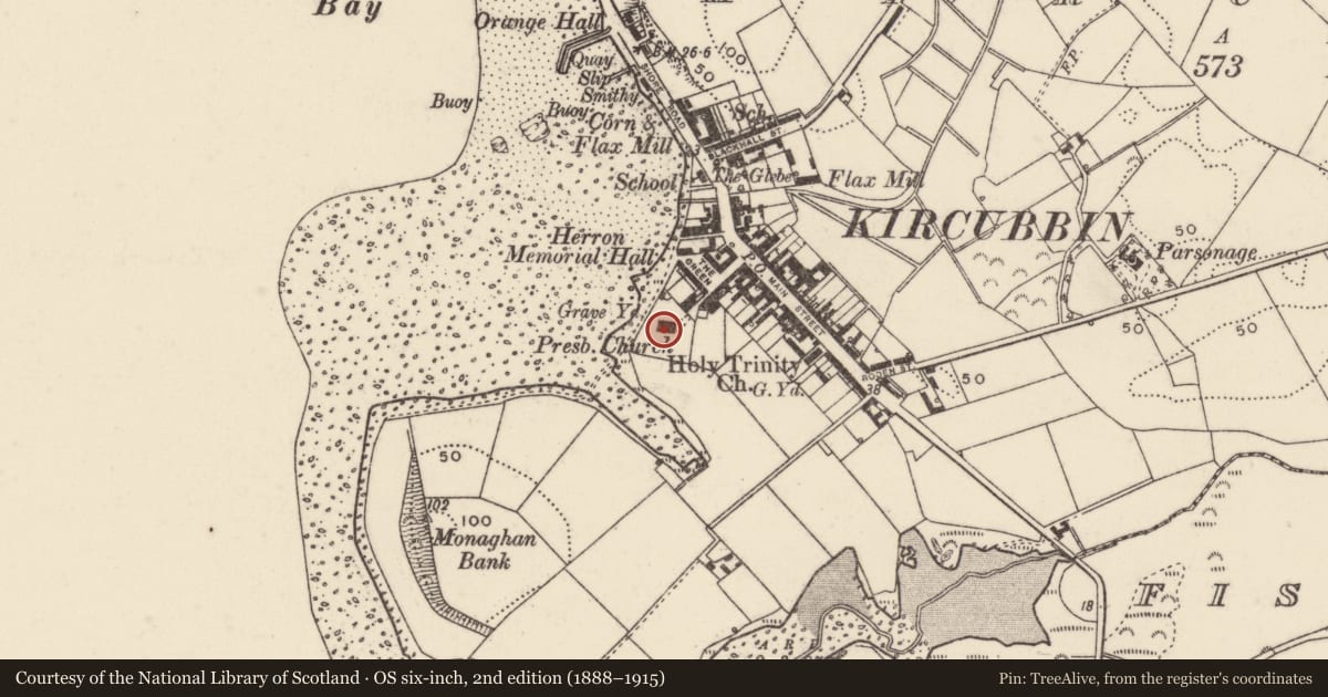 Ordnance Survey six-inch map, 2nd edition (1888–1915) covering the location of Kircubbin Presbyterian Church, Ards and North Down, with a pin at the register's coordinates