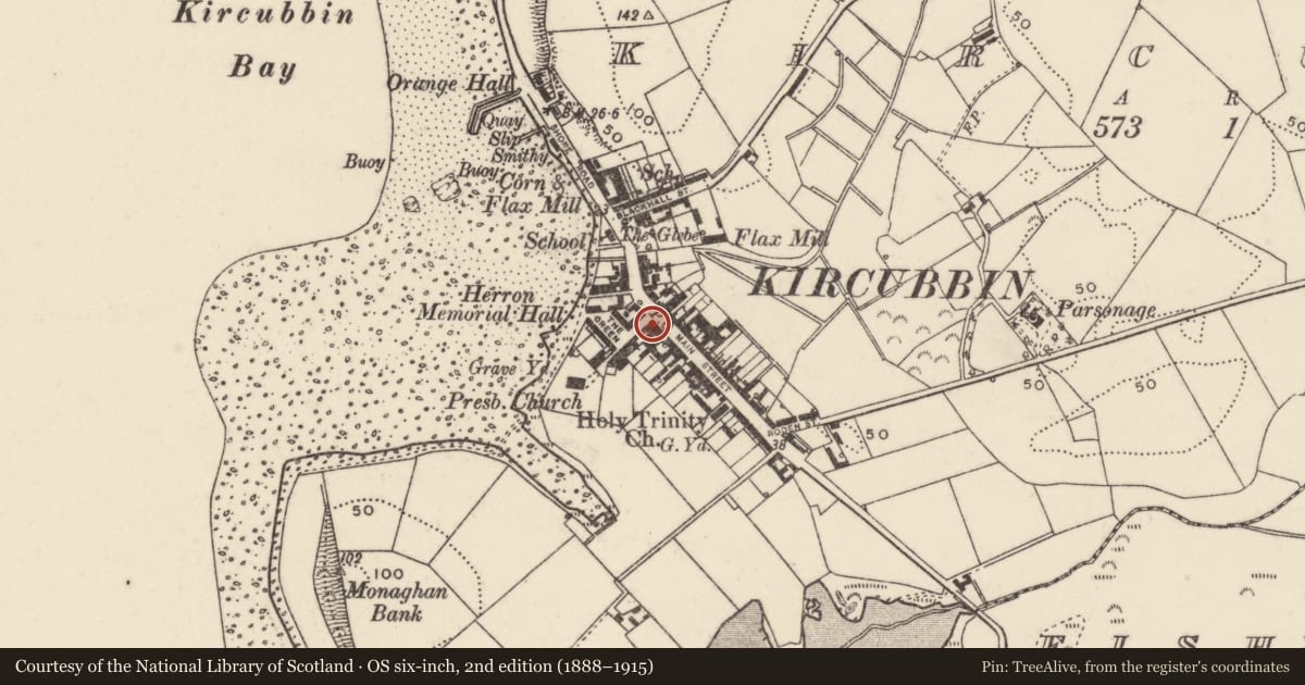 Ordnance Survey six-inch map, 2nd edition (1888–1915) covering the location of 25-27 Main Street, Kircubbin, Ards and North Down, with a pin at the register's coordinates
