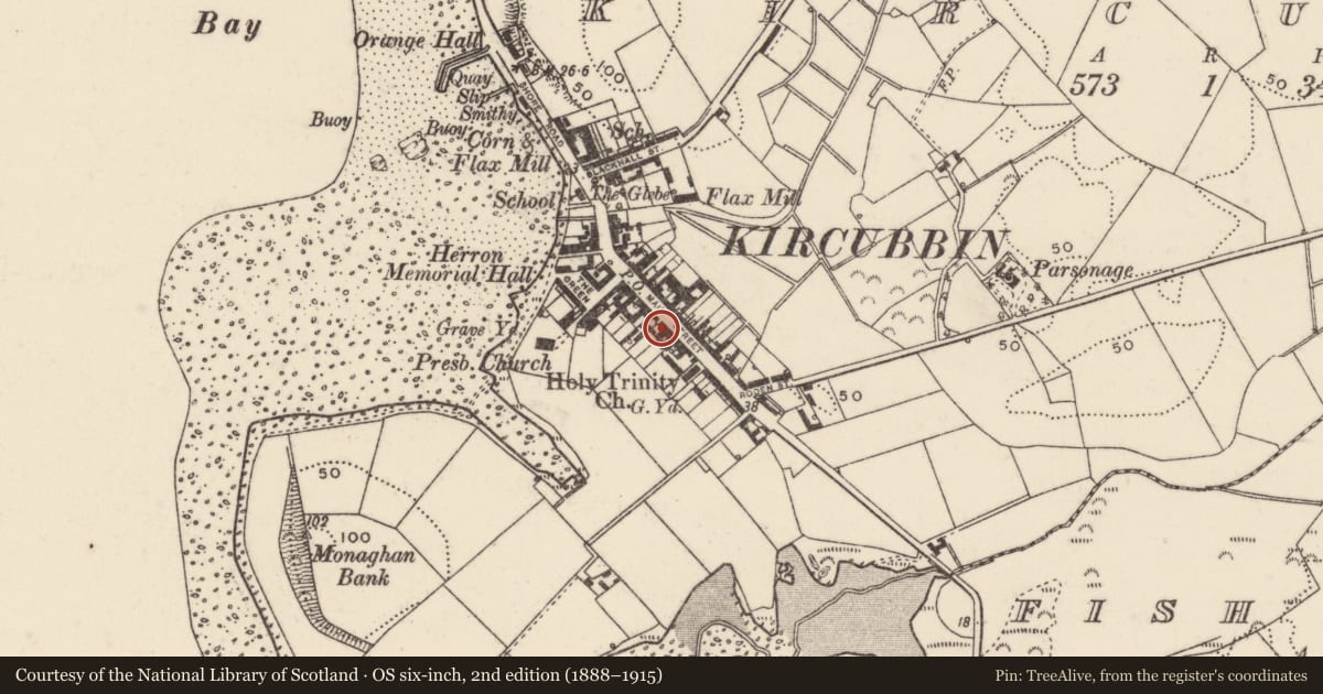 Ordnance Survey six-inch map, 2nd edition (1888–1915) covering the location of 43-47 Main Street, Kircubbin, Ards and North Down, with a pin at the register's coordinates