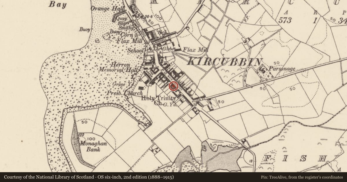 Ordnance Survey six-inch map, 2nd edition (1888–1915) covering the location of 49-51 Main Street, Kircubbin, Ards and North Down, with a pin at the register's coordinates