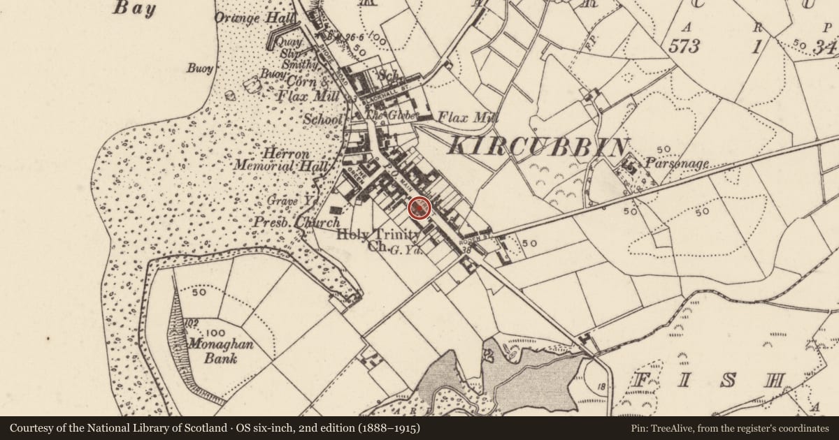 Ordnance Survey six-inch map, 2nd edition (1888–1915) covering the location of 53 Main Street, Kircubbin, Ards and North Down, with a pin at the register's coordinates