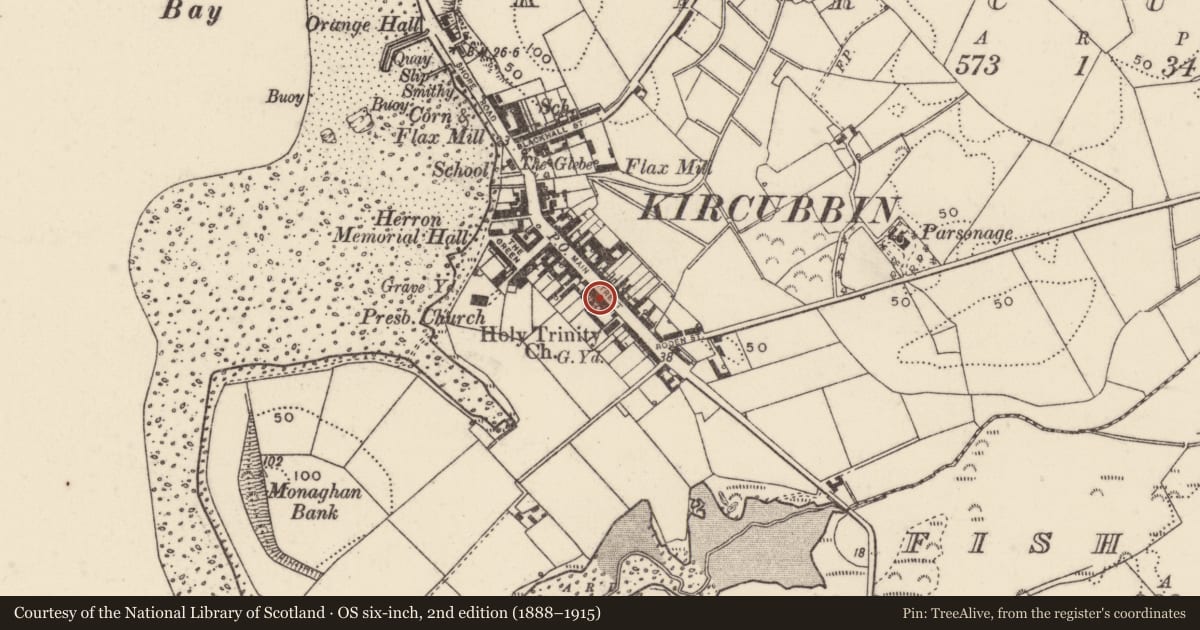 Ordnance Survey six-inch map, 2nd edition (1888–1915) covering the location of 55 Main Street, Kircubbin, Ards and North Down, with a pin at the register's coordinates