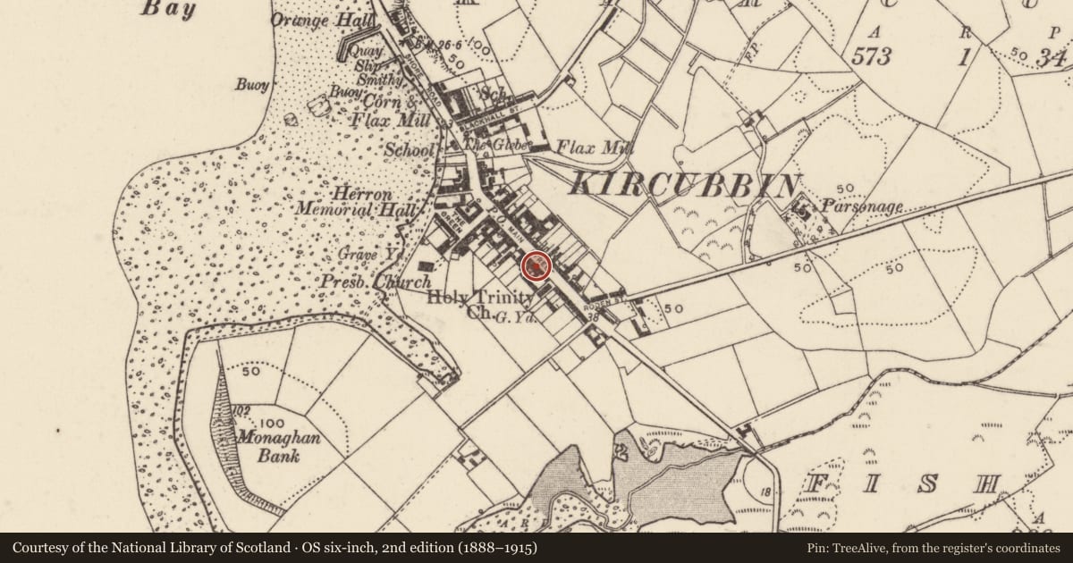 Ordnance Survey six-inch map, 2nd edition (1888–1915) covering the location of 57 Main Street, Kircubbin, Ards and North Down, with a pin at the register's coordinates
