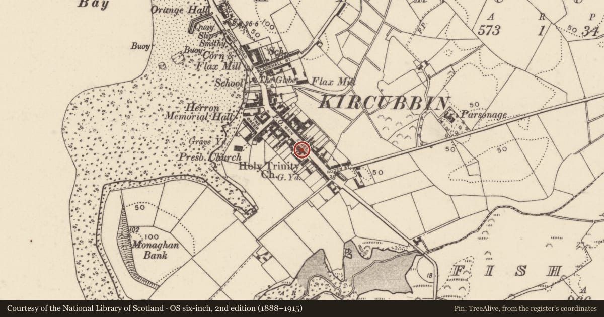 Ordnance Survey six-inch map, 2nd edition (1888–1915) covering the location of 59 Main Street, Kircubbin, Ards and North Down, with a pin at the register's coordinates